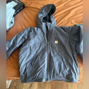 Carhartt Dark Gray Hooded Work Jacket with Gold Logo Patch
